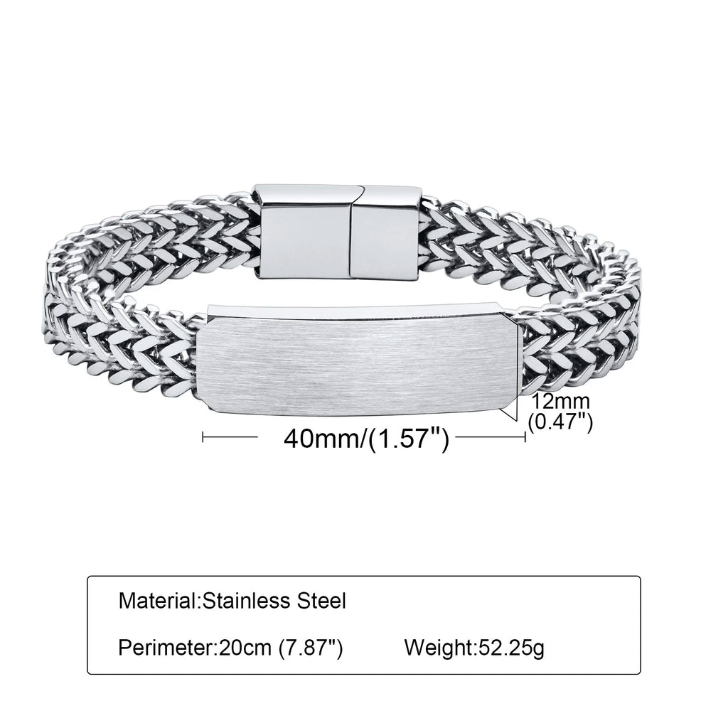 Free Customize ID Bracelets for Men, Waterproof 12mm Stainless Steel Double Layered Cuban Franco Foxtail Chain Wristband