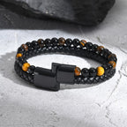 Stylish Leather Bracelet for Men Boys,Double Layers Natural Stone Tiger Eye Black Beaded Bracelet,Gift to Father Husband BBF