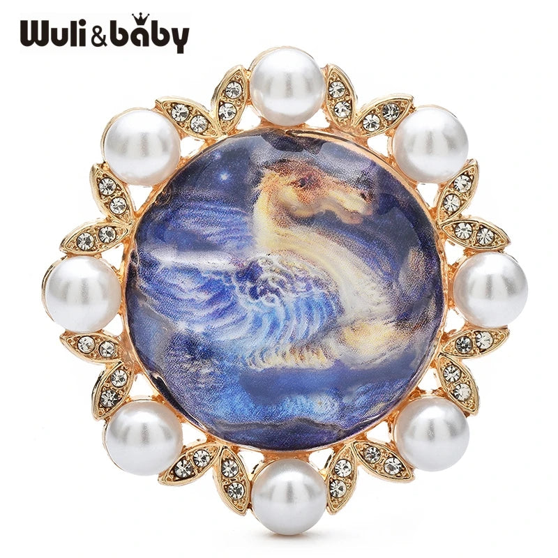 Wuli&baby Running Horse Brooches Badge Brooches 4-color Pearl Round Animal Brooch Pins Gifts