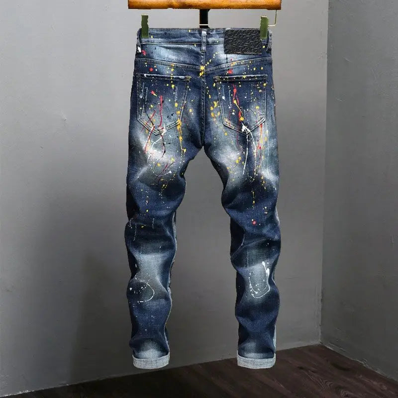 New High Quality Men's Clothing Casual Slim Pencil Pants Distressed Paint Patch Color Ink Graffiti Designer Long Jeans Trousers