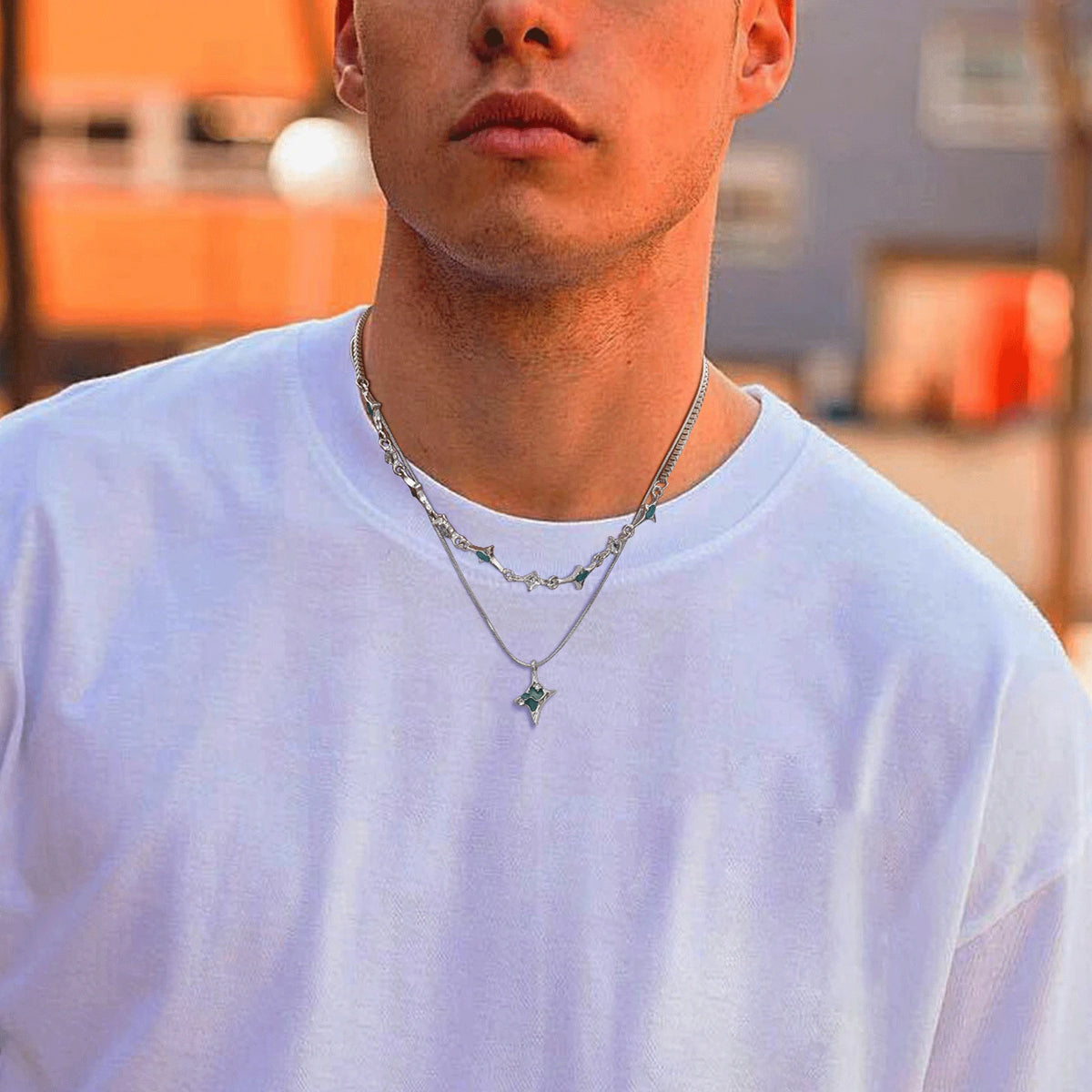 Mprainbow Irregular Starlight Necklaces for Men Women,Blue Green Star Pendants with Snake Bone Chain Collar,Hiphop Jewelry Gift