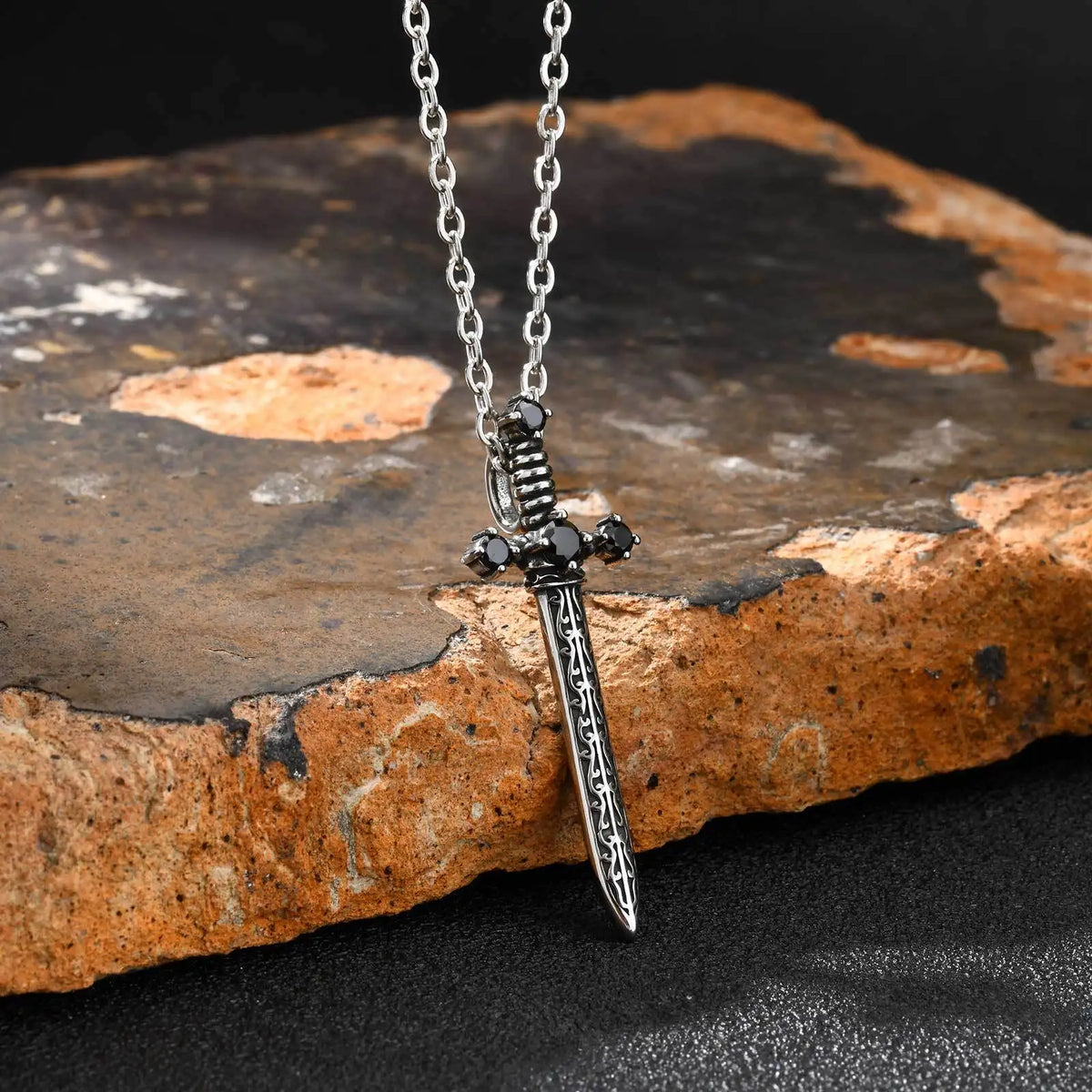 Punk Stainless Steel Sword Necklace for Men Boys,Vintage Black Zircon Sword Shape Pendant,Gift for BBF Son Dad