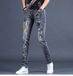 Spring and Autumn 2025 New Men's Jeans Gray Trendy Tiger Head Hot Diamond Printing Slim-fit Small Feet Trousers Men's Clothing