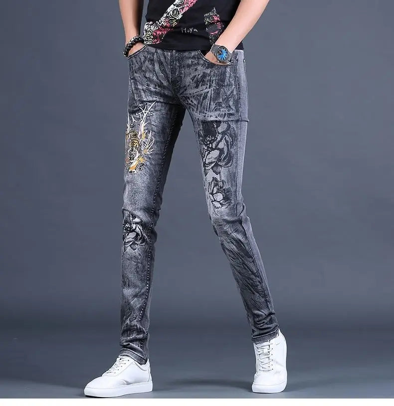 Spring and Autumn 2025 New Men's Jeans Gray Trendy Tiger Head Hot Diamond Printing Slim-fit Small Feet Trousers Men's Clothing