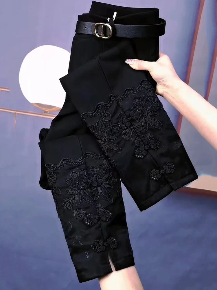 New elastic trousers for women heavy industry buckle embroidery high waist slim foot pants for spring autumn 2025