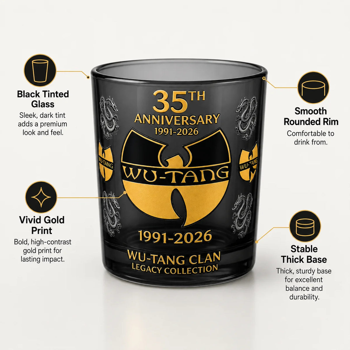 35th Anniversary Wu-Tang Clan Whiskey Glass Black Smoky Rock Cup Premium Gold Print Bar Party Gift