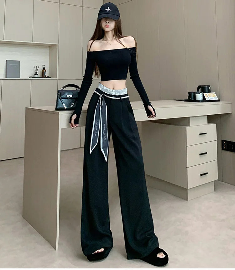 PENDRA Lace Panel High Waist Wide Leg Suit Pants