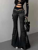 Black Low Waist Cargo Jeans 2000s Distressed Whiskers Multi-pocket Stretch Bootcut Pants Women Retro Grunge Streetwear