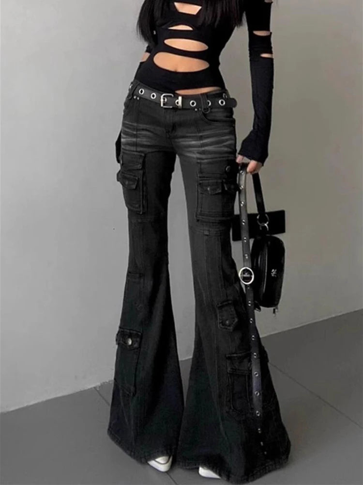 Black Low Waist Cargo Jeans 2000s Distressed Whiskers Multi-pocket Stretch Bootcut Pants Women Retro Grunge Streetwear