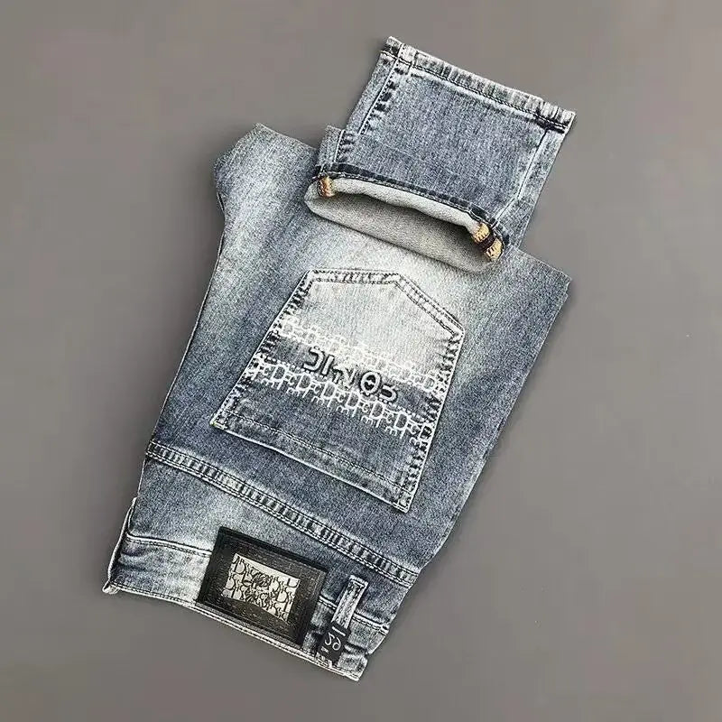 Spring Autumn 2025 Man Luxury Clothing Retro Embossed Denim Jeans for Men High-End Washed Fashion Man Designer Skinny Jeans