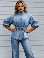New Women's Retro Washed Lantern Short-sleeved Stand Collar Single-breasted Shirt, Fitted Waist and Belted Denim Top, Suitable for Everyday Wear.