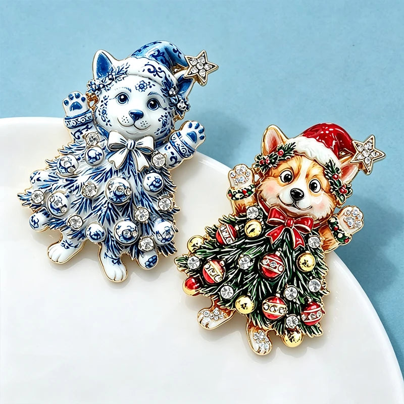 PENDRA Corgi Rhinestone Christmas Tree Brooch