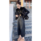 Autumn and Winter New Nine Cropped Leather Pants Women High Waist Slimming Double Waist Belt with Velvet Wide Leg Pants