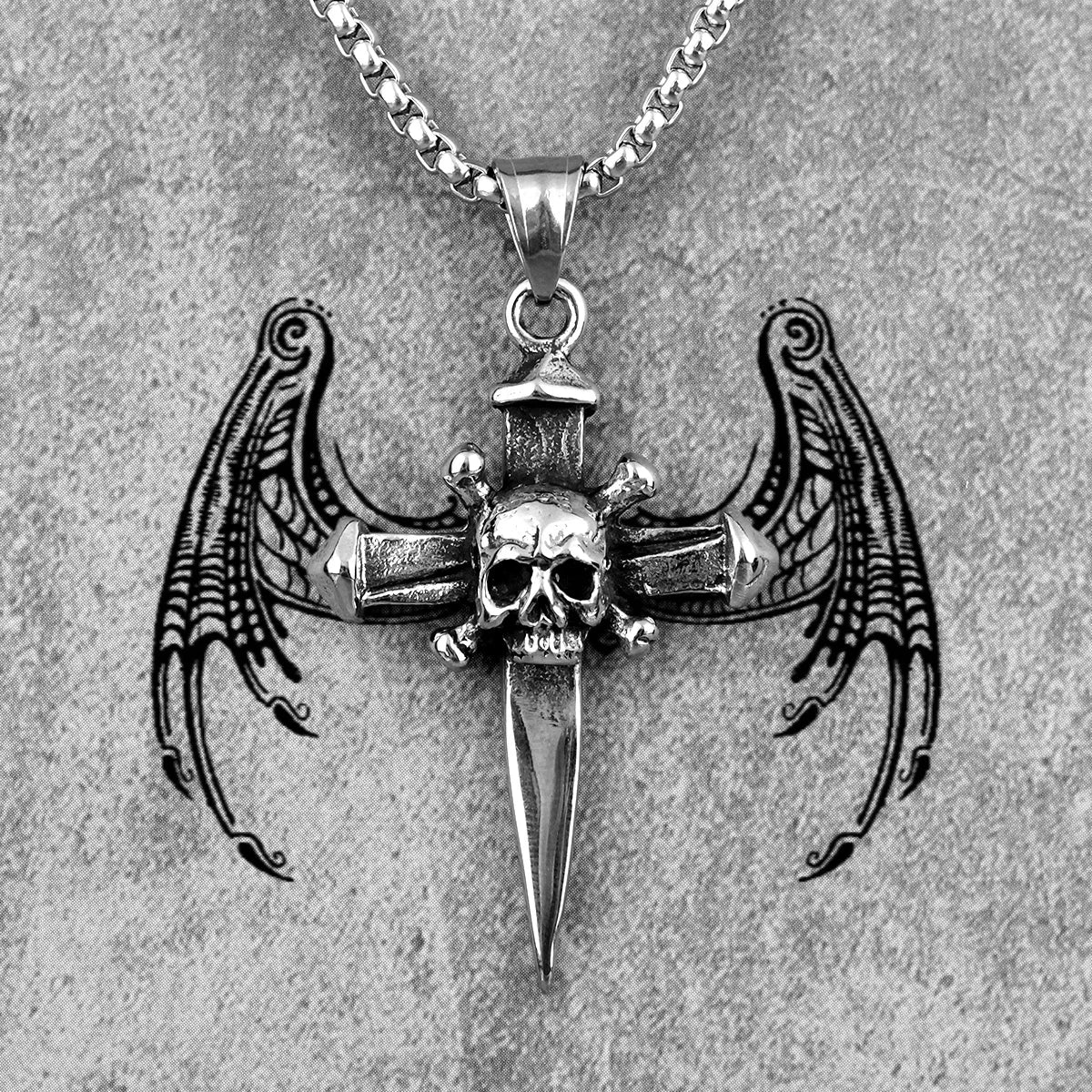 PENDRA Skull Cross Sword Steel Necklace