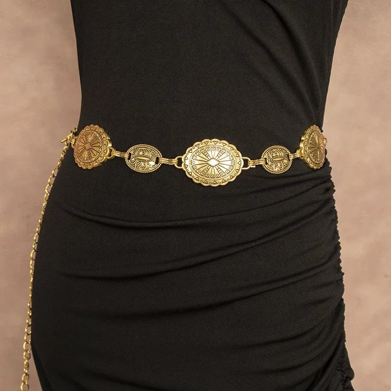Retro style women's metal waist chain accessories Decorative circle carved chain belt high style accessories