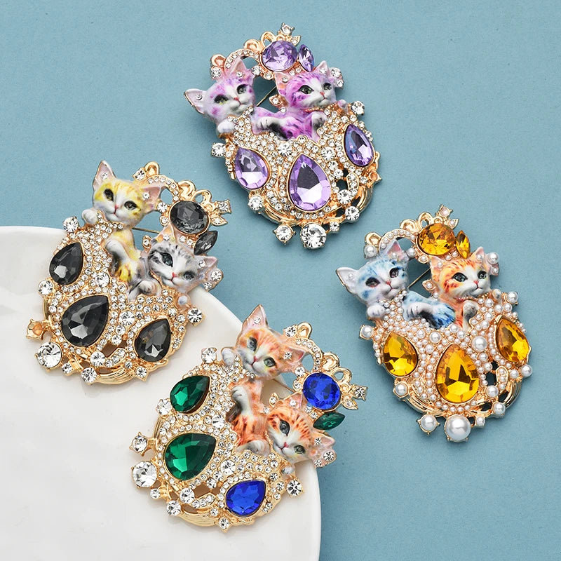 PENDRA Royal Two Cats Enamel Brooch