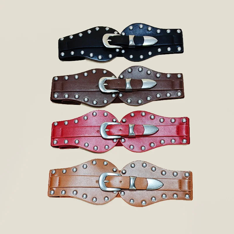 Retro Ladies Pu Leather Corset Belt Gothic Style Elastic Rivet Cummerbund Tie Rope Punk Accessory for Women Shirt Dress Belt