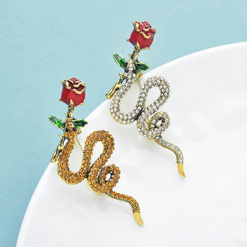 Wuli&baby Vintage Rose-flower And Snake Brooches For Women Unisex 2-color Alloy Rhinestone Animal Party Casual Brooch Pins Gifts