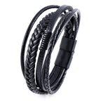 Black Multi Layers Leather Bracelet for Men,Metal Tube Charm Handmade Braided Rope Leather Bracelet,Gift for Husband Dad Son