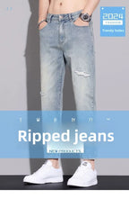 Ripped Jeans Men's 2025 Summer New Trendy Brand Ruffian Handsome Slim-fitting Elastic Straight Trendy Casual Cargo Work Pants