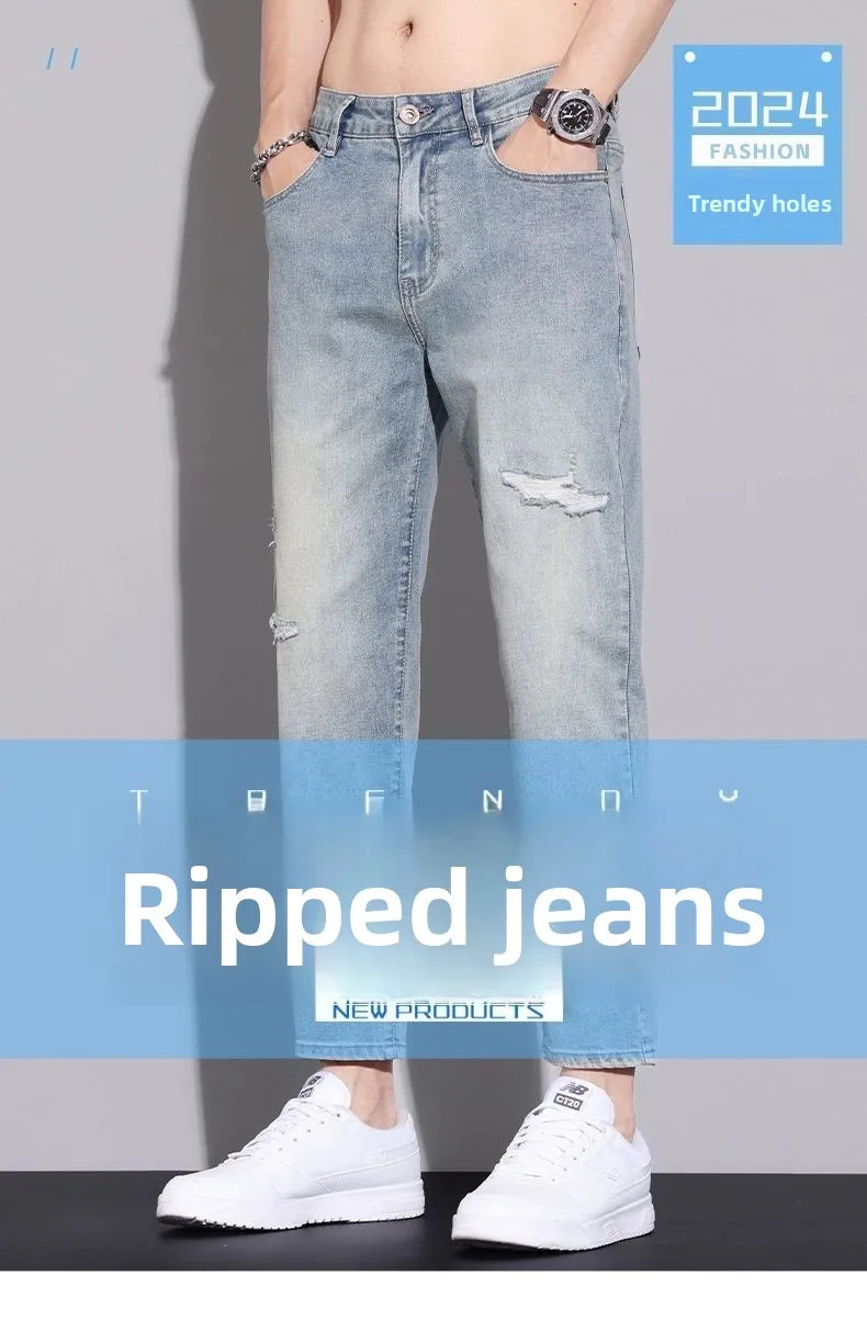 Ripped Jeans Men's 2025 Summer New Trendy Brand Ruffian Handsome Slim-fitting Elastic Straight Trendy Casual Cargo Work Pants