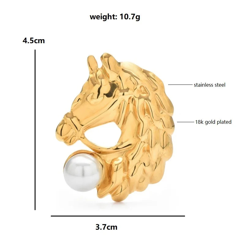 Wuli&baby Stainless Steel Horse Brooch Pin Pearl Animal Head Women Metal Badge Jewelry Accessory
