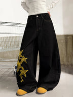 American Retro Star And Letter Embroidery Black Baggy Cocoon Pants  Women Y2K Street Trendy Fashion Versatile Wide-Leg Pants
