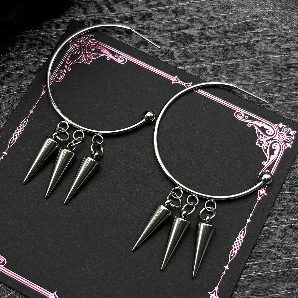 Punk Gothic Hoop Triple Rivet Drop Earrings For Women Men Emo Grunge Stainless Steel Silver Color Spike Huggie Ear Ring Jewelry