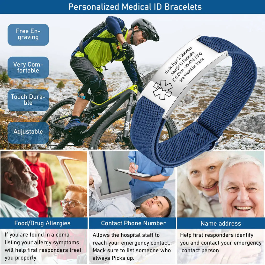 Medical Alert Bracelet for Men Women,Personalized Stainless Steel Elastic Strap Wristband,Gifts for Family Grandparents Patient