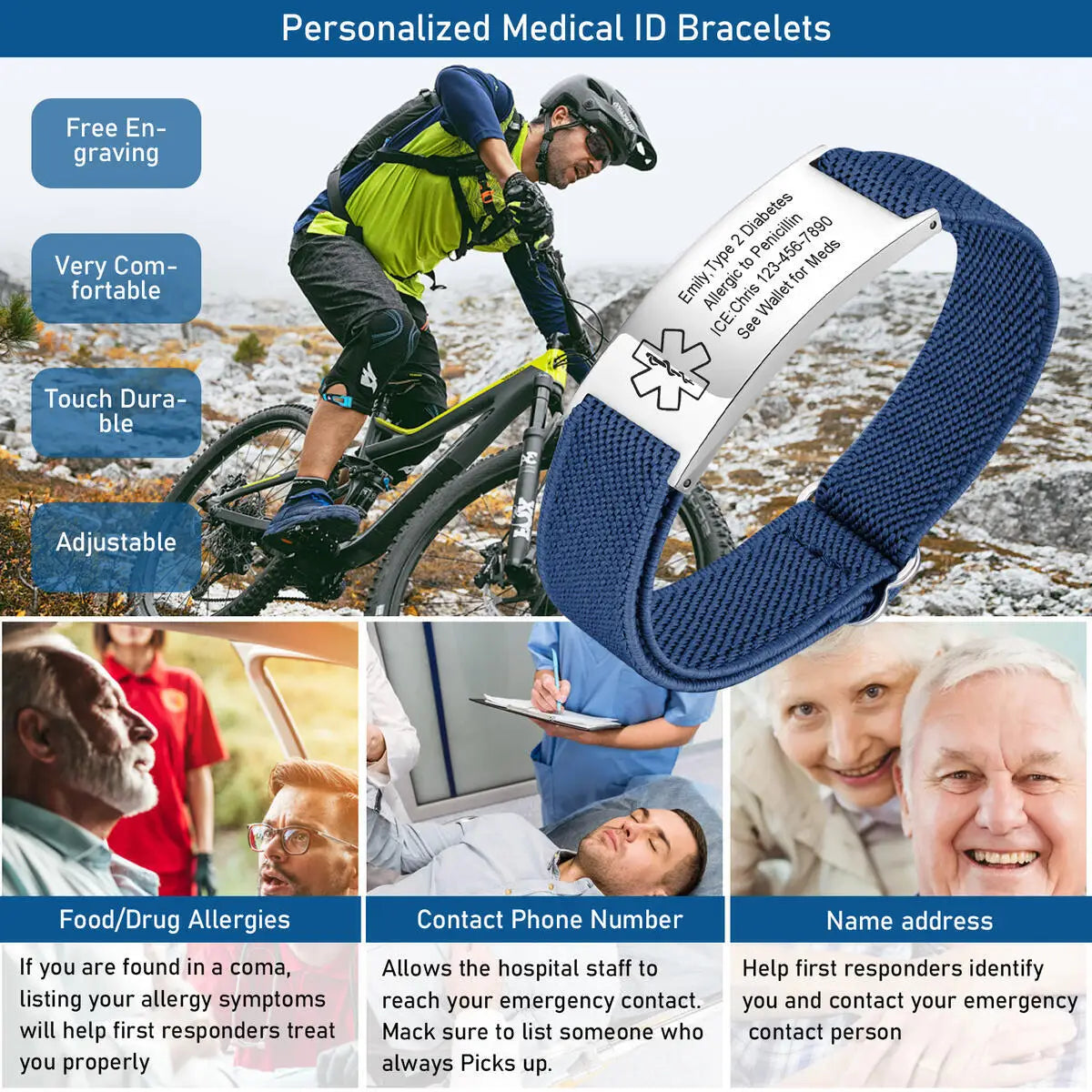 Medical Alert Bracelet for Men Women,Personalized Stainless Steel Elastic Strap Wristband,Gifts for Family Grandparents Patient