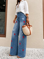 New Women's High-quality Strawberry Embroidered Distressed Loose Wide-leg Jeans, Machine Washable, Fall clothes for women