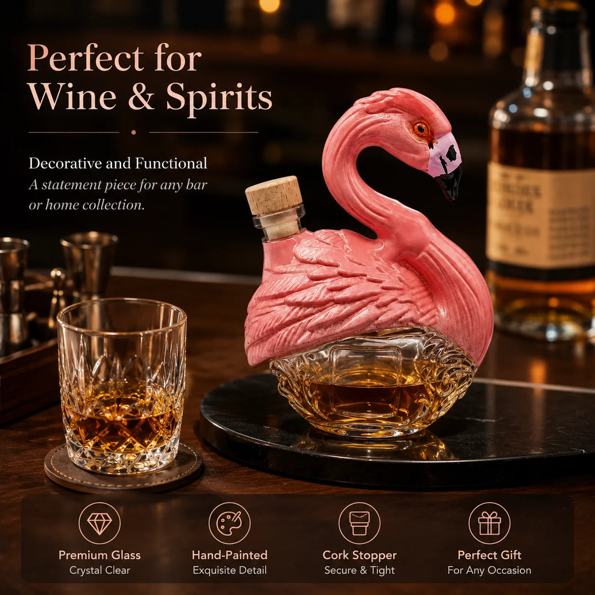 Unique Pink Bird Glass Decanter Embossed Feather Design Whiskey Brandy Bottle for Bar Cabinet Decoration