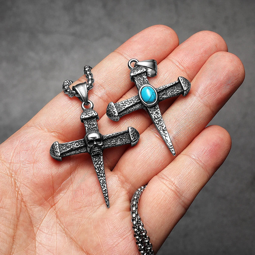 PENDRA Skull Turquoise Cross Steel Necklace