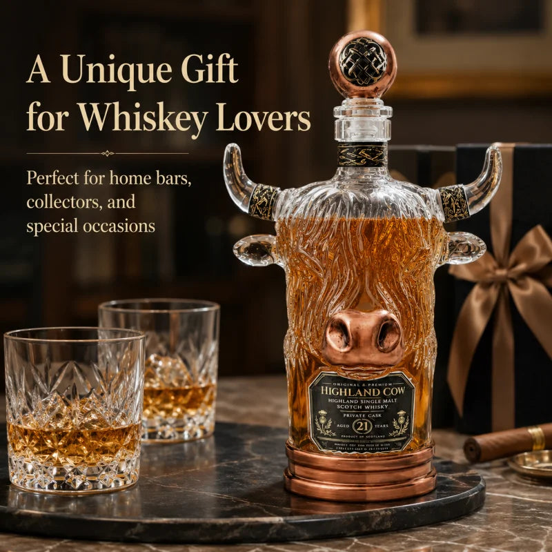 Scottish Highland Cow Glass Whiskey Decanter Vintage Copper Accent Liquor Bottle for Home Bar Display and Men’s Gift