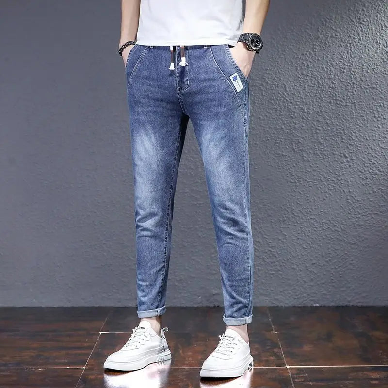 Man Fashion Elastic Waist Denim Jeans Men's Elastic Slim-fit Harlan 2026 New Light-colored Casual Trend Drawstring Men's Pants
