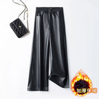 Autumn new high waisted leather pants women straight leg loose and fashionable versatile commuting solid color trousers