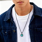 Natural Stone Square Pendant Necklace for Men Boys,Stainless Steel Turquoise Pendant,Jewelry Gift for Husband Dad Son BBF