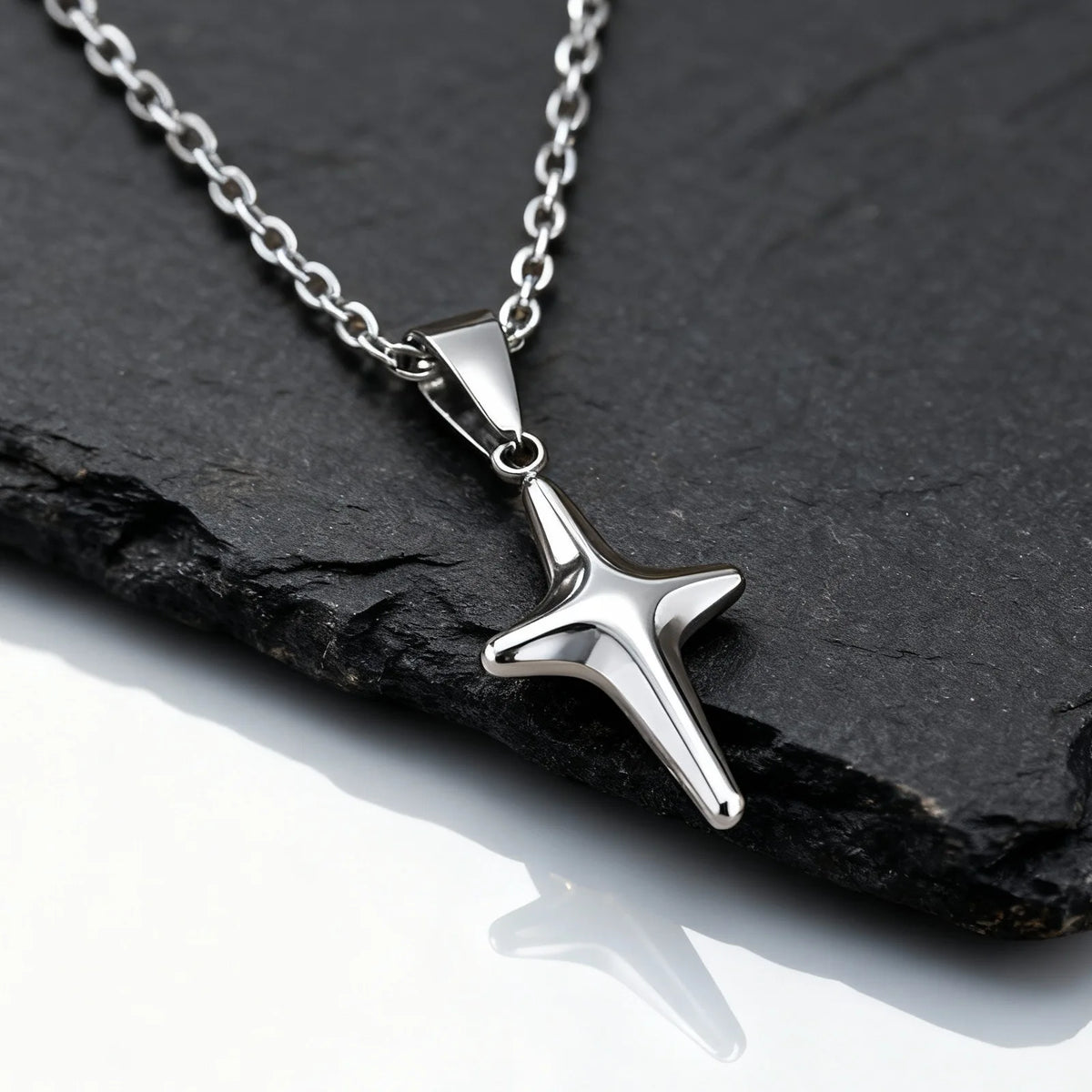 Simple Trendy Star Necklace for Men Boys,Silver Color Stainless Steel 4-Point Star Pendant,Hip Hop Minimalist Jewelry Gift