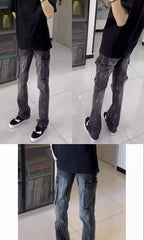 Fashion 2026 Lightning Pattern Men's High Street Design Straight Pants Trendy Brand Retro Wide-leg Trousers Grey Washed Jeans