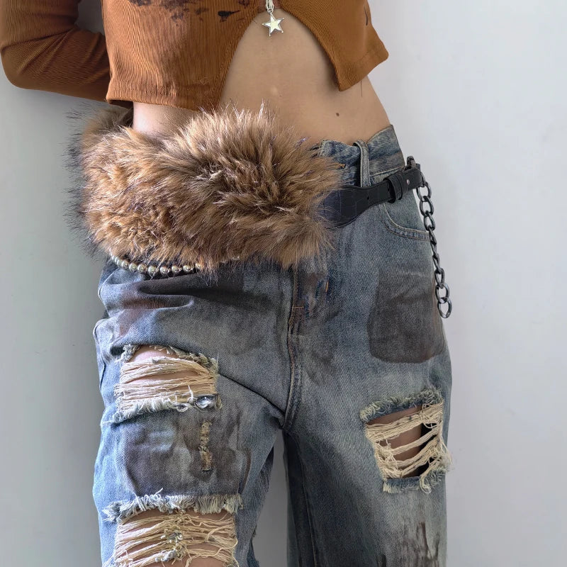 Furry Belt Y2k Belt Subculture Autumn Winter Retro All-Match Plush Waist Chain Imitation Fur Waist Seal Hot Girl Sexy Belt