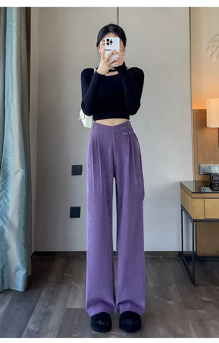 Corduroy pants women autumn and winter new Chinese style buckle casual thick solid color versatile wide leg pants