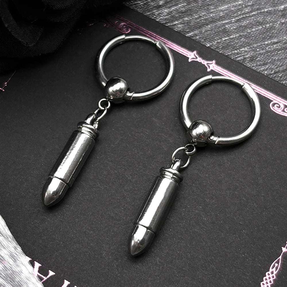 Hiphop Bullet Punk Rock Ear Clip For Men Women Stainless Steel Silver Color Party Hottie Hoop Dangle Earrings Male Jewelry