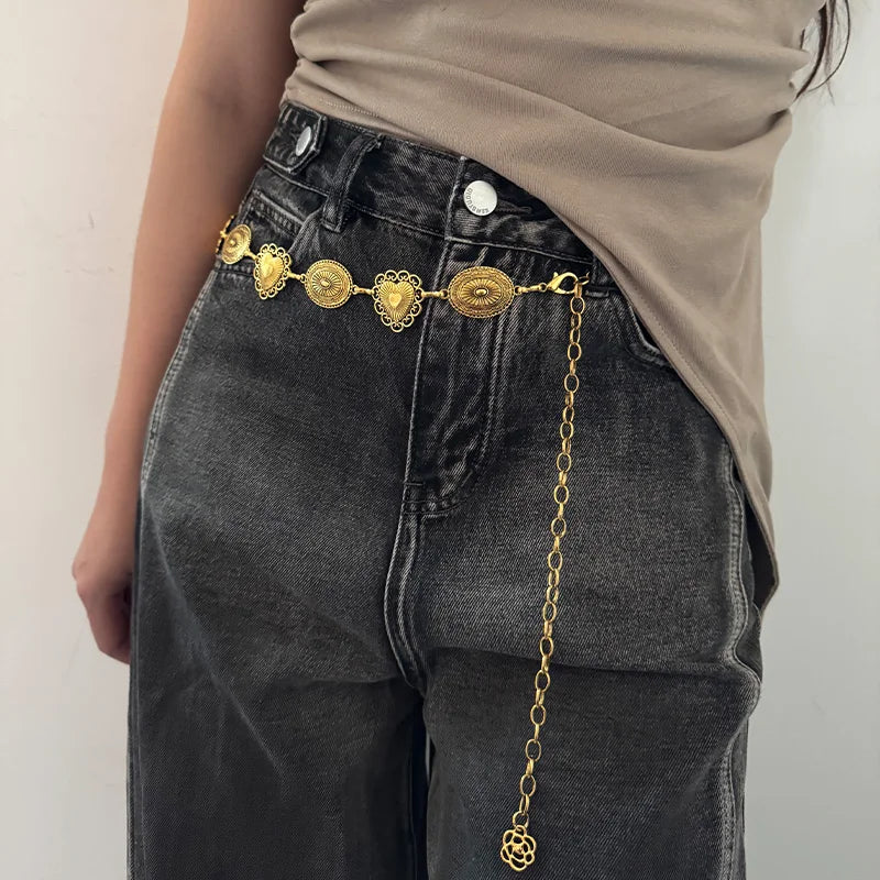 Vintage Women Waist Chain Belt Female Metallic Love-Heart Punk Gothic Accessories conch Metal Body Jewelry Dress Jeans Waistband