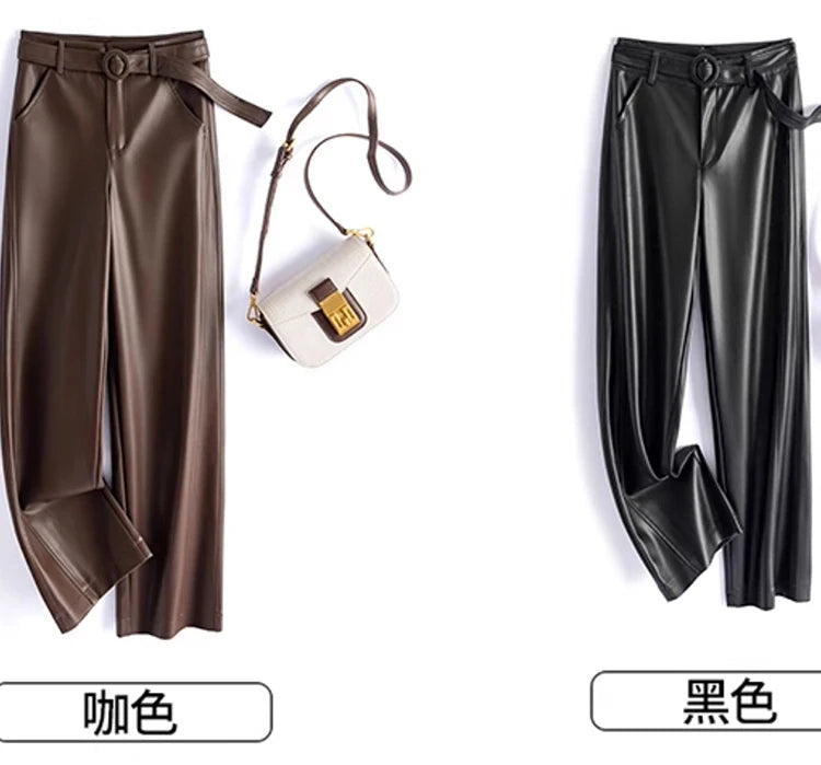 PENDRA Slim Straight High Waist PU Leather Pants