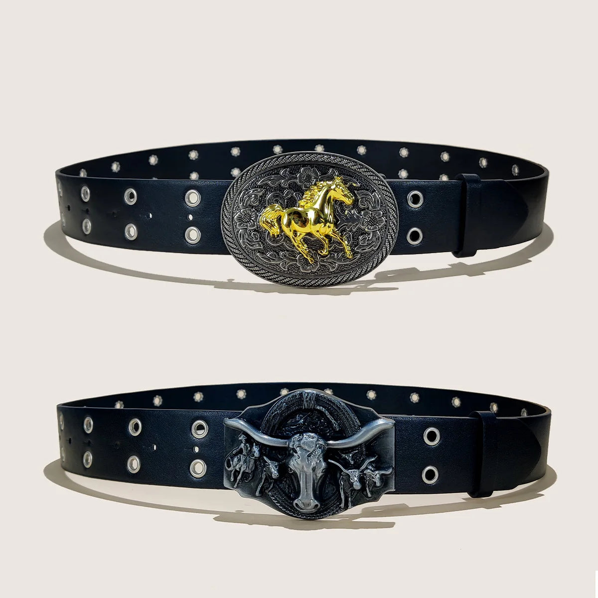 Unisex Western Cowboy PU Leather Belt For Men and Women Waist Strap Bull Horse Decoration Jeans Belt Rivet Gothic Waistband Male