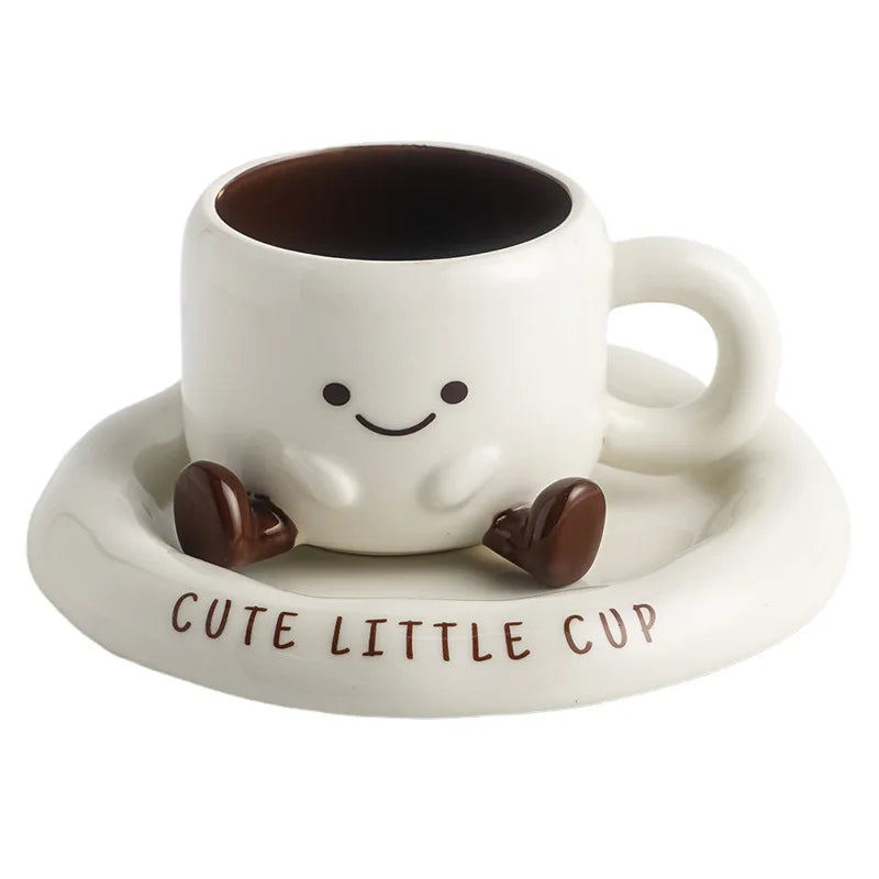 Cute Smiley Face Ceramic Coffee Mug with Saucer 3D Cartoon Design Tea Cup