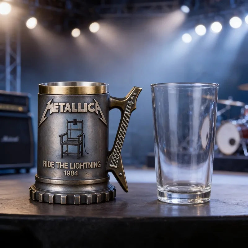 JingMetallica Ride The Lightning 1984 Collectible Mug, Guitar Handle Stainless Steel Lined Beer Stein, Heavy Metal Rock Fan Gift