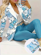 Elegant and Fashionable Two-Piece Set, Butterfly-Print Lapel, Solid Color Long-Sleeved Suit Jacket, Slim High-Waisted Pants.