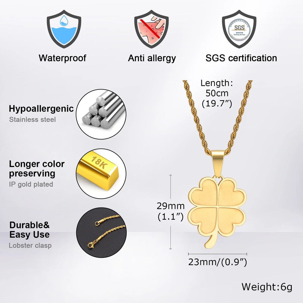 Lucky Leaf Necklaces for Men Boys,Stainless Steel Four Leaf Clover Pendant with 50cm/55cm/60cm Rope Chain,Blessing Gift