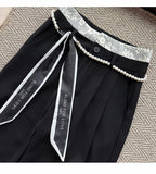 PENDRA Lace Panel High Waist Wide Leg Suit Pants